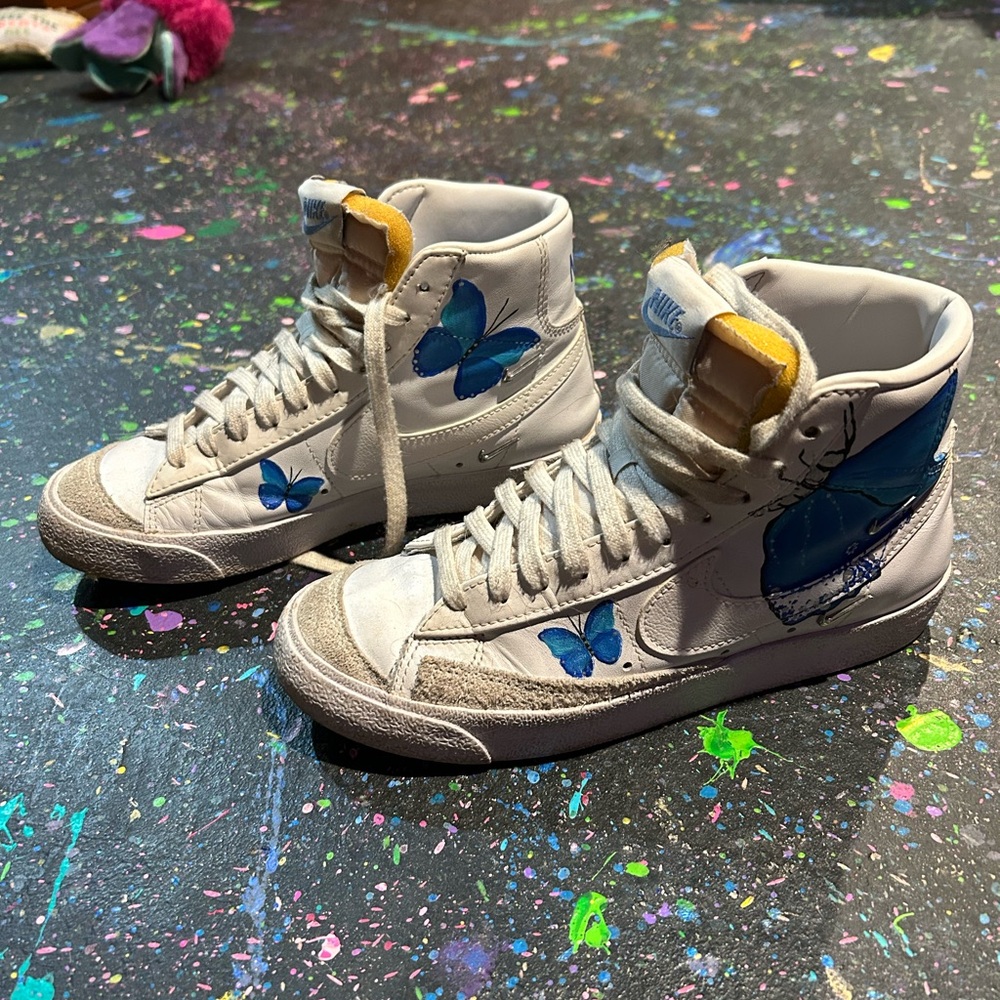 Nike Custom White and Blue Butterfly High-Top Sneakers